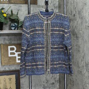 Newton Trading Womens Vintage Wool Hook Geometric Cardigan Sweater Blue Multi M